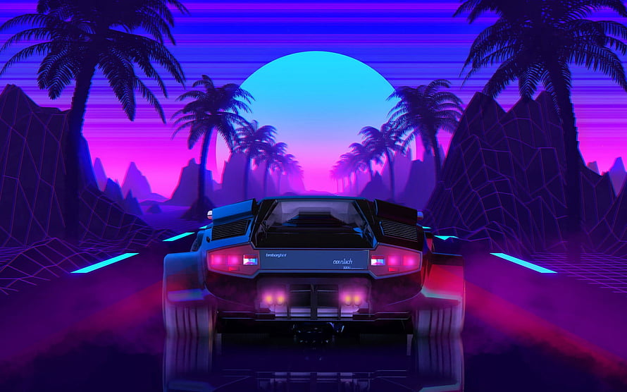 Rear View of a Lamborghini Countach in a Neon Synthwave Desert Landscape HD wallpaper