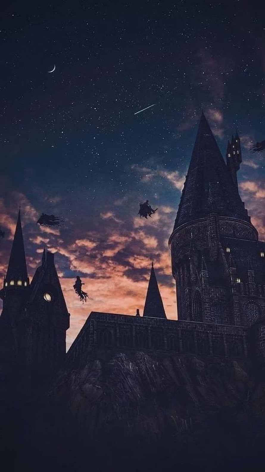 Harry Potter Hogwarts Castle at Night with Broomstick Riders Under a Starry Sky HD phone wallpaper