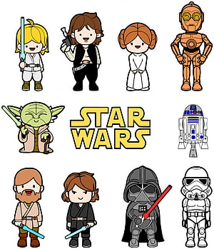 Star Wars Chibi Character Collection Featuring Luke, Han, Leia, Yoda, and Darth Vader HD phone wallpaper