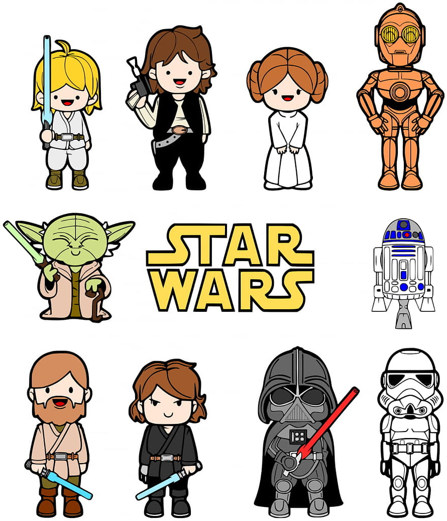 Star Wars Chibi Character Collection Featuring Luke, Han, Leia, Yoda, and Darth Vader HD phone wallpaper