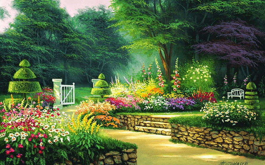 Lush Topiary Garden Scene with Vibrant Flowers and Stone Path HD wallpaper