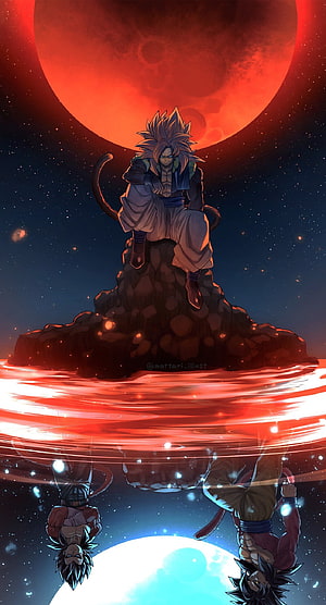 Gogeta Super Saiyan 4 sitting on a rock with a red moon background and reflections of Goku and Vegeta HD phone wallpaper