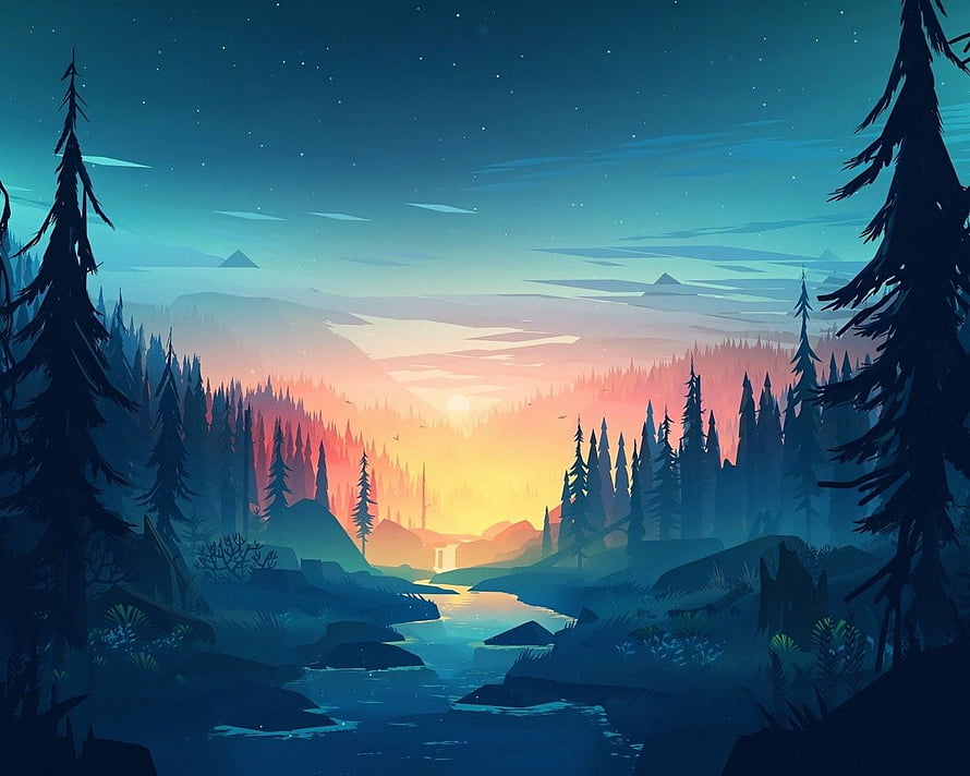 Serene Digital Art of a Starry Night Forest with a Glowing River and Distant Sunset HD wallpaper