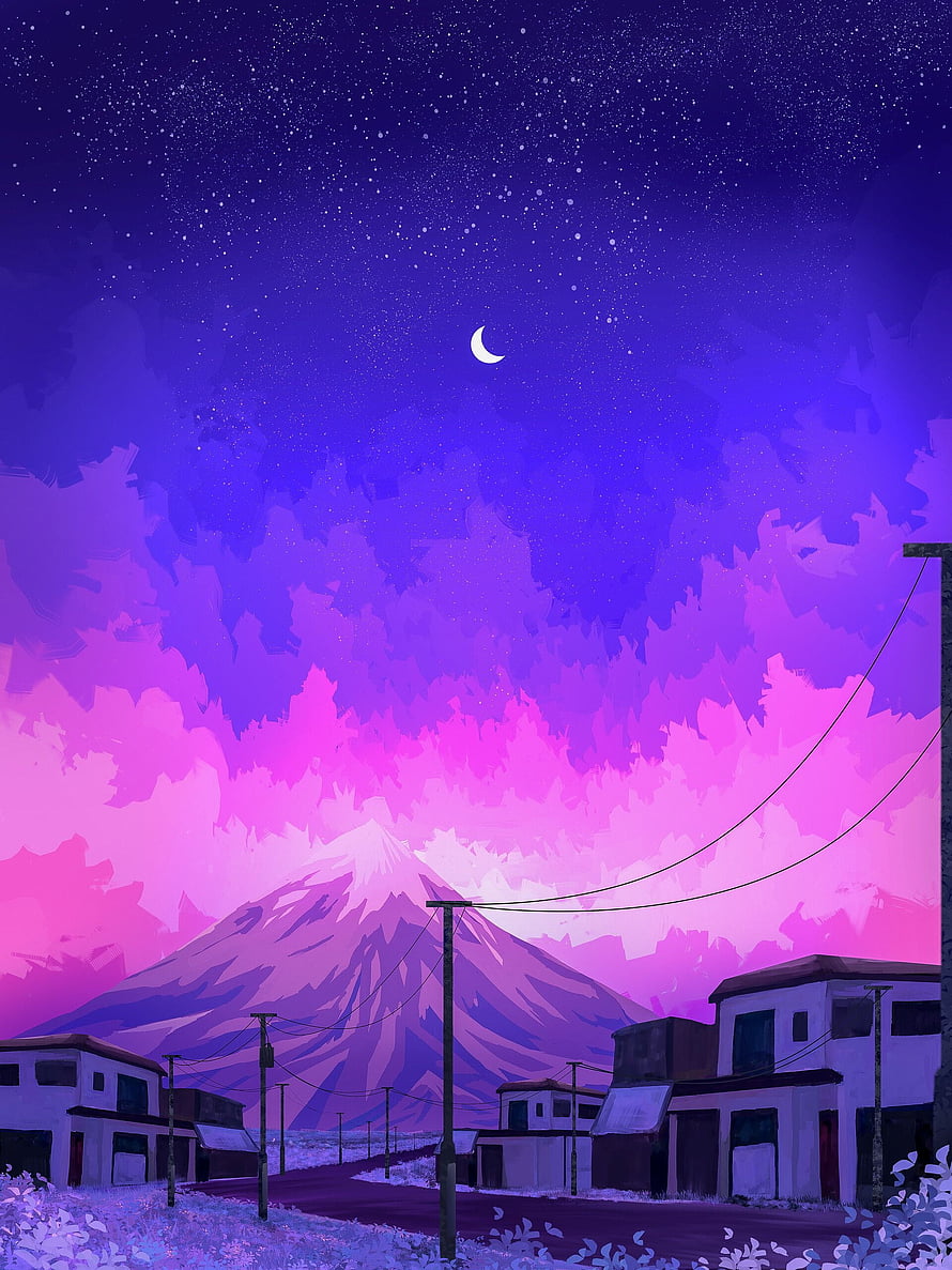 Purple Lofi Night Scene with Snowy Mountain and Crescent Moon Over Small Village HD phone wallpaper