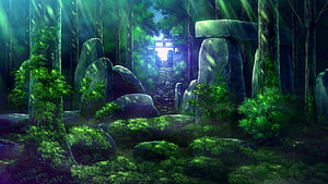 Mystical Ancient Stone Circle in Lush Green Forest with Torii Gate HD wallpaper