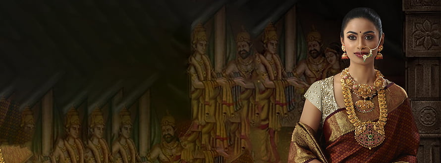 Indian Woman in Traditional Saree and Gold Jewellery with Ancient Temple Mural Background, Challani Jewels. Shop Gold, Diamond, Jadau Polki, Kempu Jewellery, Jewellery Model HD wallpaper
