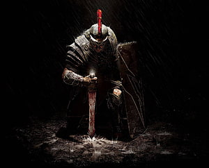 Roman Warrior Kneeling in the Rain with Bloodied Sword and Shield, Roman Soldier, Roman Warrior HD wallpaper