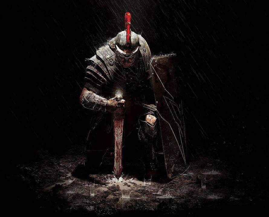Roman Warrior Kneeling in the Rain with Bloodied Sword and Shield, Roman Soldier, Roman Warrior HD wallpaper