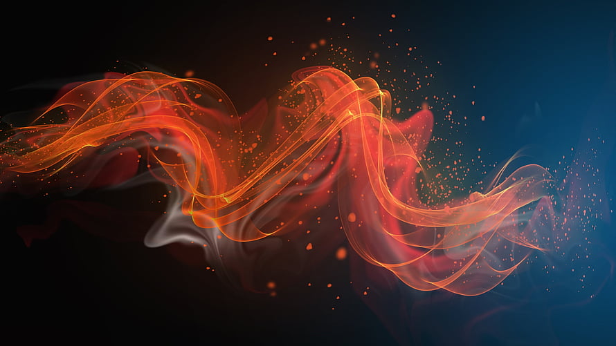 Abstract Orange and Red Smoke Waves with Glowing Particles on Dark Blue Background HD wallpaper