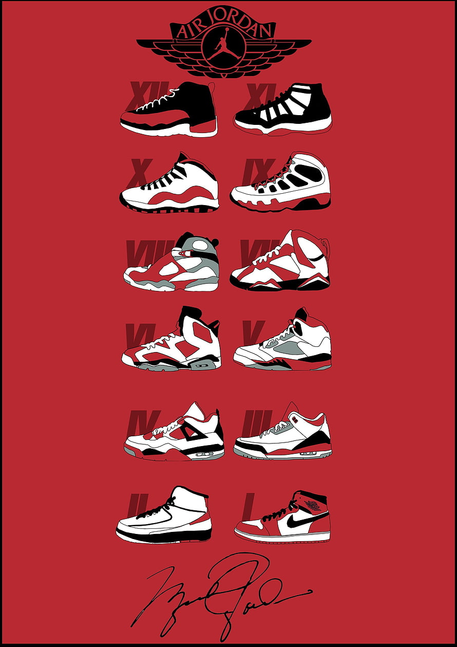 Air Jordan 1 to 12 Retro Sneaker Collection Poster with Signature HD phone wallpaper