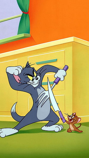 Tom and Jerry Classic Cartoon Scene with Kitchen Knife and Playful Confrontation HD phone wallpaper