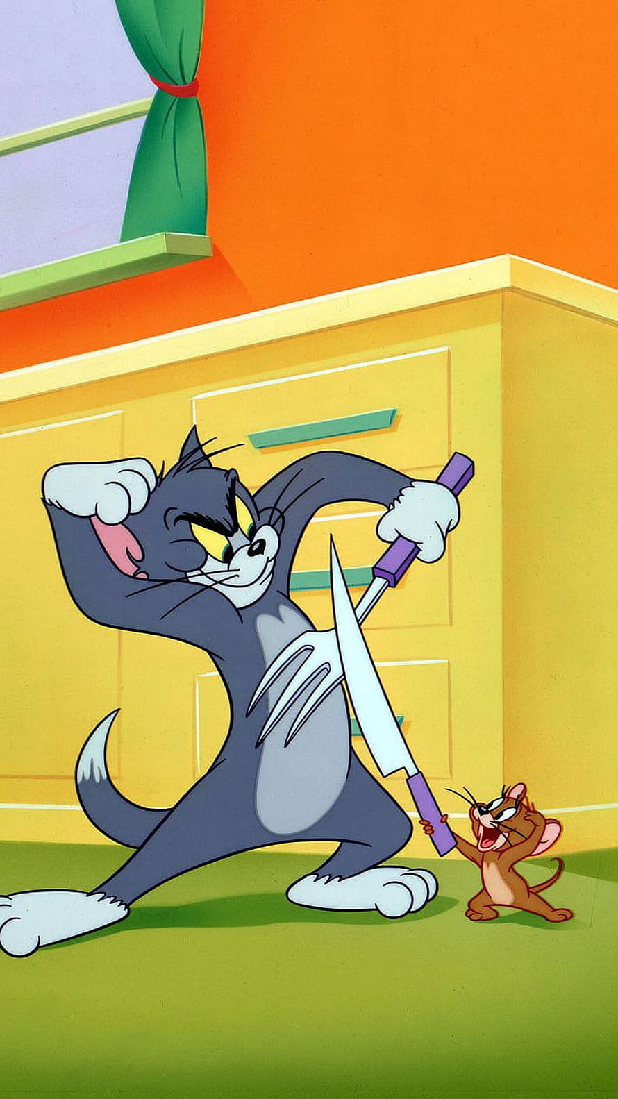Tom and Jerry Classic Cartoon Scene with Kitchen Knife and Playful Confrontation HD phone wallpaper