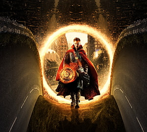 Doctor Strange Channeling Mystical Energy Through a Glowing Portal in a Dark Urban Setting HD wallpaper