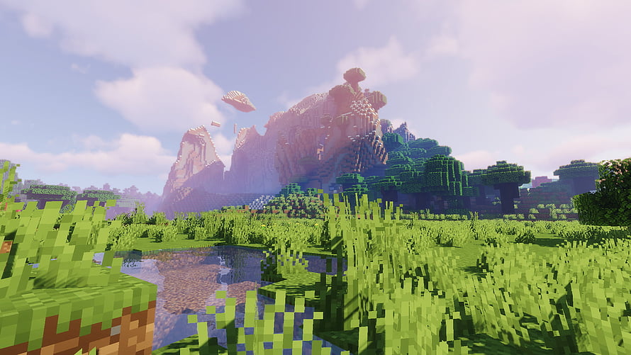 Minecraft Landscape With Lush Green Grass, Flowing Stream, And Distant Mountains HD wallpaper