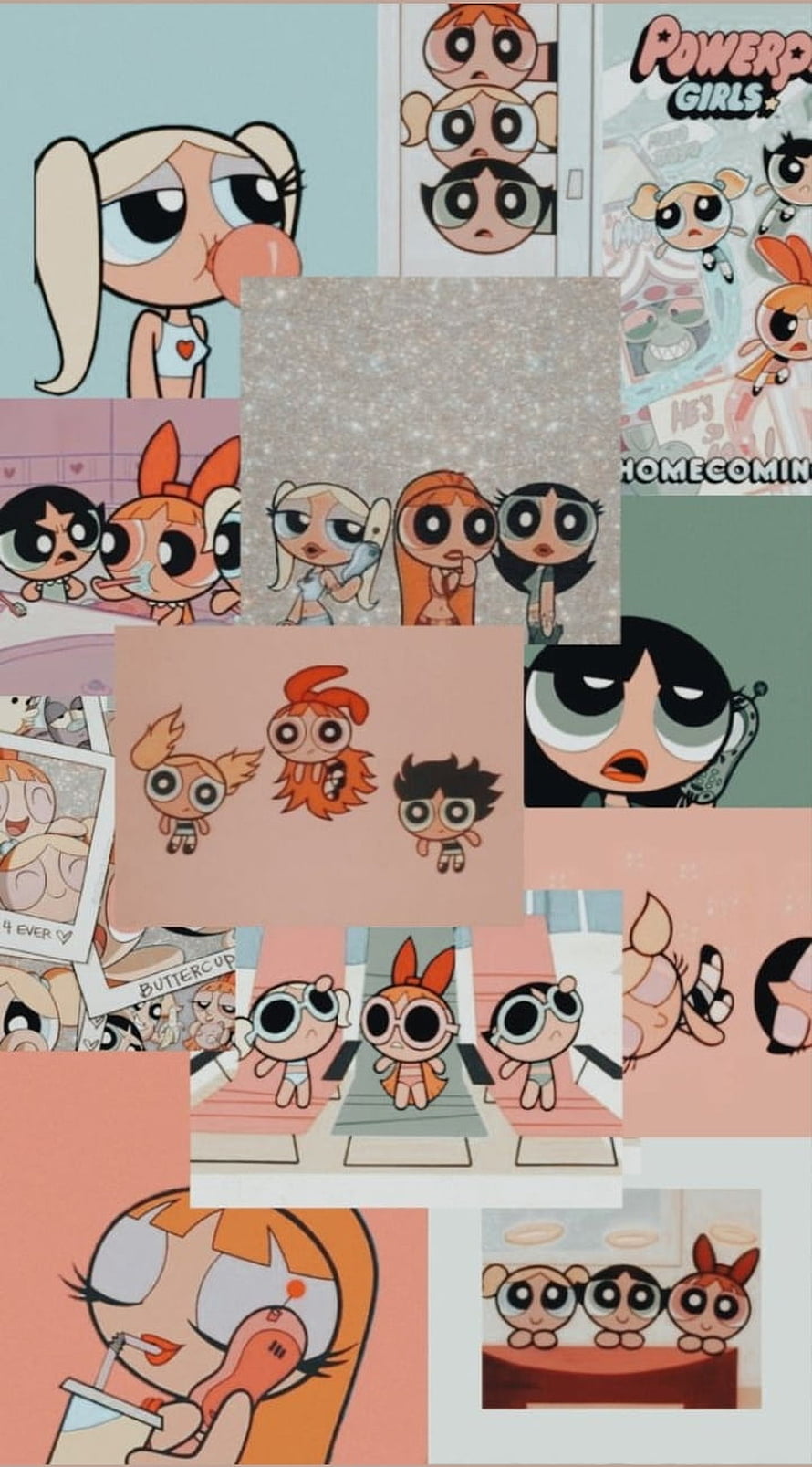 Powerpuff Girls Aesthetic Collage Featuring Blossom Bubbles and Buttercup in Various Scenes HD phone wallpaper