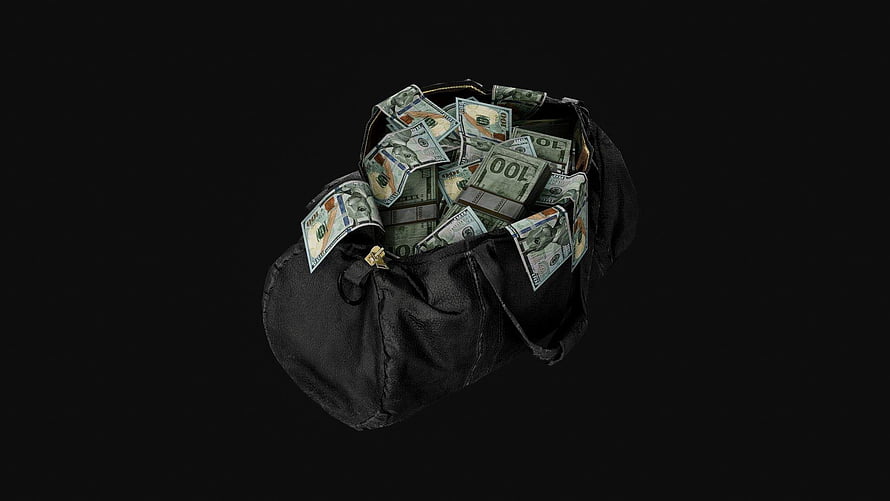 Black Drawstring Bag Overflowing With Stacked US Dollar Bills On Dark Background HD wallpaper
