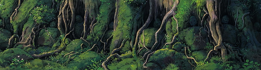 Studio Ghibli Mossy Forest Roots and Ancient Tree Trunks HD wallpaper