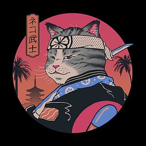 Neko Samurai Cat Warrior in Traditional Japanese Art Style with Tower and Palms HD phone wallpaper