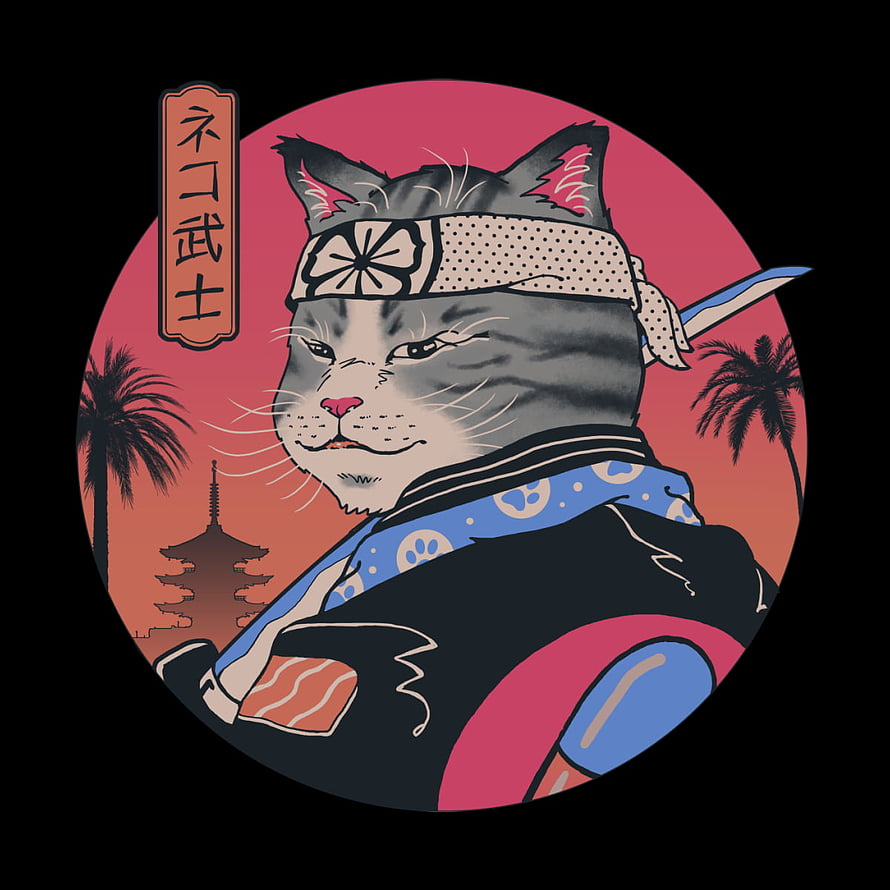 Neko Samurai Cat Warrior in Traditional Japanese Art Style with Tower and Palms HD phone wallpaper