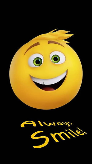 3D Yellow Smiling Emoji Face With Hair And Always Smile Text On Black Background HD phone wallpaper