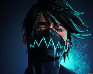 Digital Art Portrait of a Character with a Glowing Blue Mask and Dark Hair HD wallpaper
