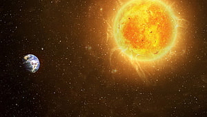 Earth and the Sun in Deep Space with Solar Flares and Starfield HD wallpaper