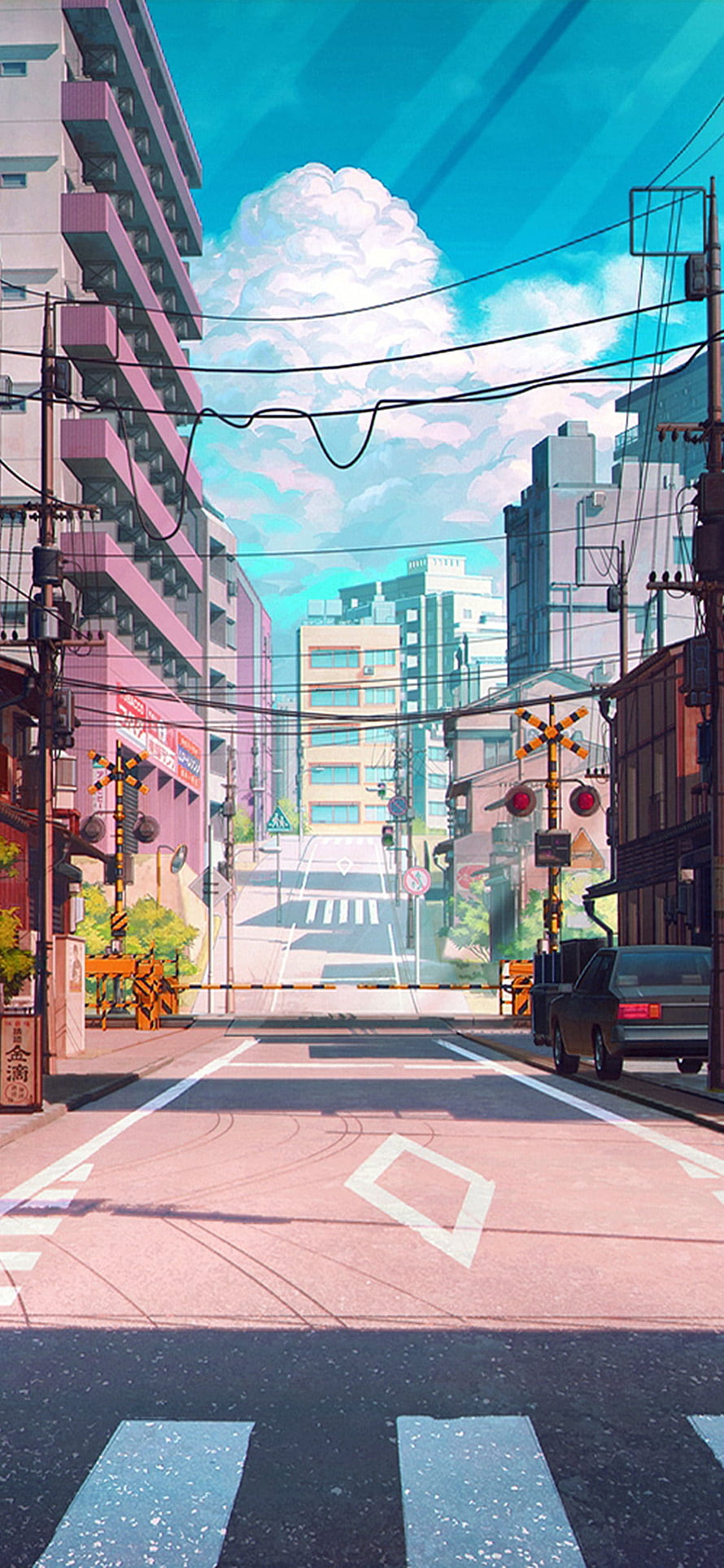 Anime Style Japanese City Street With Railway Crossing And Blue Sky HD phone wallpaper