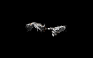 Monochrome Glitch Art of Two Hands Reaching Toward Each Other on Black Background HD wallpaper