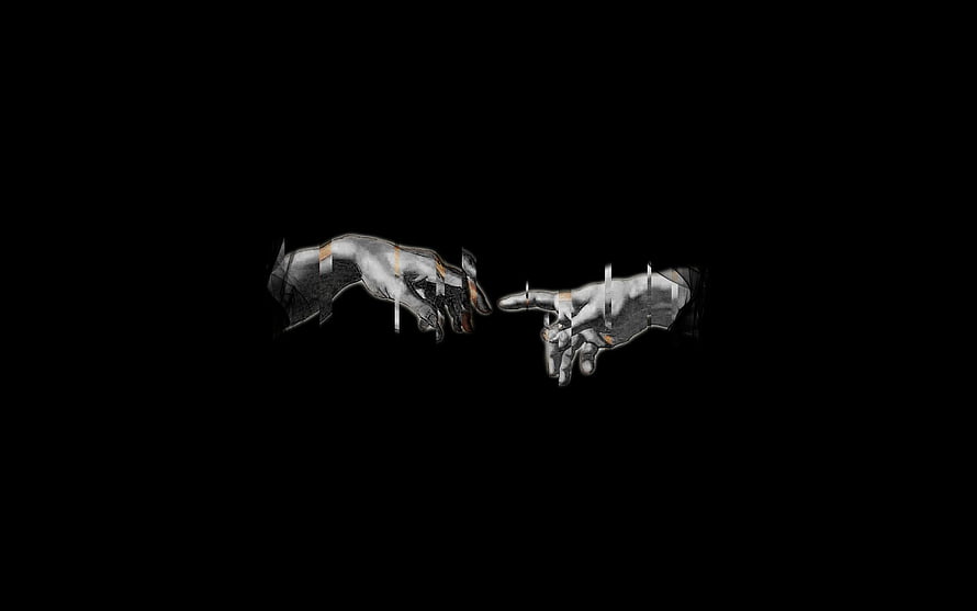 Monochrome Glitch Art of Two Hands Reaching Toward Each Other on Black Background HD wallpaper