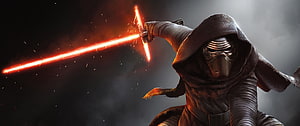 Kylo Ren Wielding Crossguard Lightsaber in Dark Hooded Robes HD wallpaper