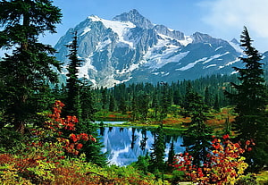 Snow-capped mountain reflected in a calm alpine lake surrounded by evergreen forest and autumn foliage HD wallpaper