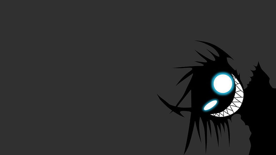 Menacing Shadow Creature with Glowing Cyan Eyes and Sharp Teeth on Dark Background HD wallpaper