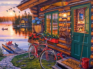 Cozy Log Cabin at Sunset with Red Bicycle and Lake View HD wallpaper