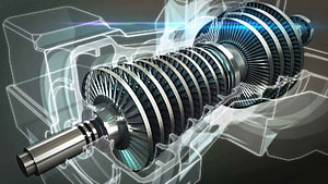 Cutaway View of a Multi-Stage Turbine Engine Rotor with Glowing Holographic Housing HD wallpaper