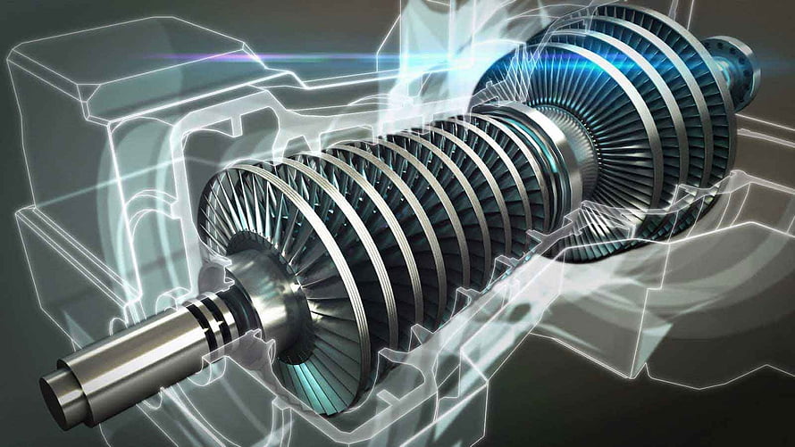 Cutaway View of a Multi-Stage Turbine Engine Rotor with Glowing Holographic Housing HD wallpaper