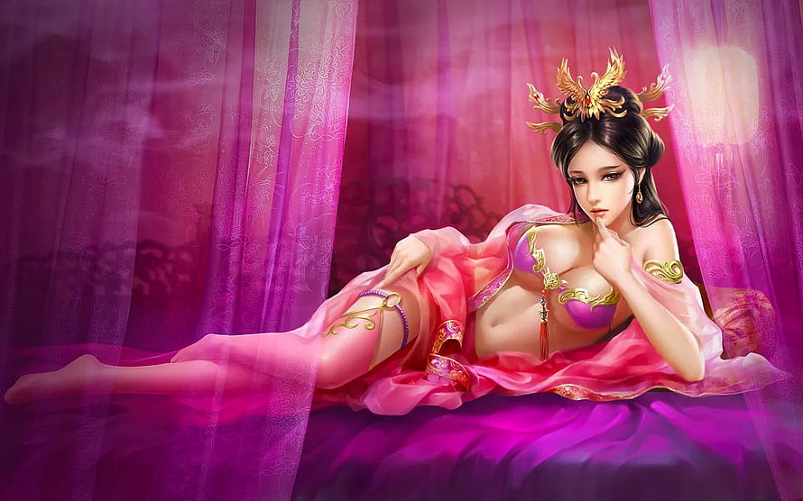Alluring Chinese Fantasy Woman in Pink Silk and Gold Crown Lying on Bed, Beauty Queen, pink, digital, fantasy, art, pretty, , girl, woman HD wallpaper