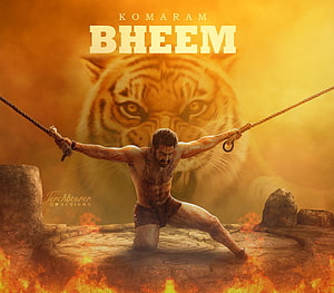 Komaram Bheem Warrior Poster With Tiger And Fire HD wallpaper