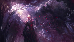Saber Alter in a Dark Forest with Red Petals and Purple Mist HD wallpaper