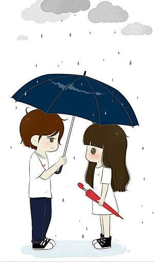Cute cartoon couple sharing a blue umbrella in the rain with a sweet romantic mood, Neelima on cuteee. Cute love , Cute couple , Love cartoon couple, Rain Couple HD phone wallpaper