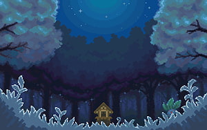 Mysterious Night Forest Pixel Art Scene with Small Cabin and Starry Sky HD wallpaper