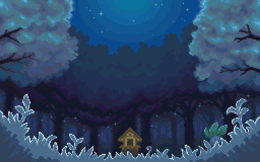 Mysterious Night Forest Pixel Art Scene with Small Cabin and Starry Sky HD wallpaper