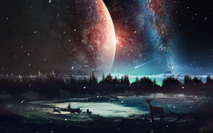 Majestic Red Planet Over Snowy Forest With Deer And Aurora Borealis Night Sky HD wallpaper