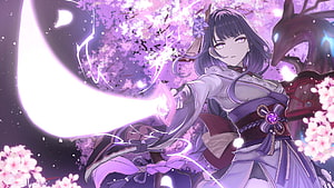 Raiden Shogun Wielding Crescent Blade Under Cherry Blossoms in Genshin Impact HD wallpaper