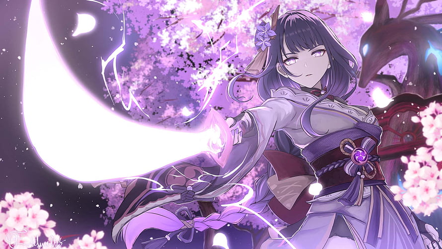 Raiden Shogun Wielding Crescent Blade Under Cherry Blossoms in Genshin Impact HD wallpaper