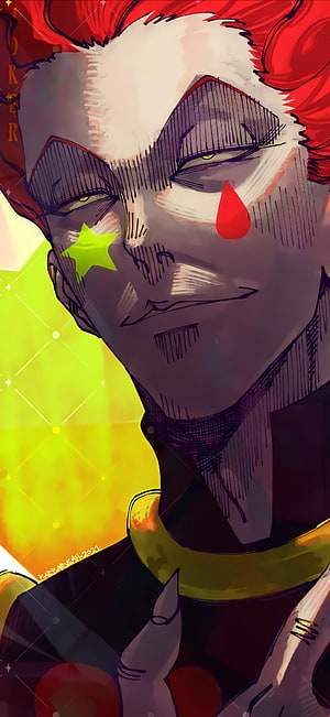 Hisoka from Hunter x Hunter in a dramatic close-up with clown makeup and red hair HD phone wallpaper