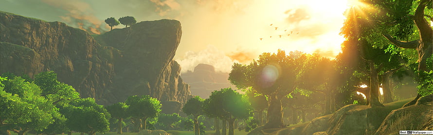 Sunlit Fantasy Forest Landscape with Majestic Cliffs and Golden Hour Light HD wallpaper