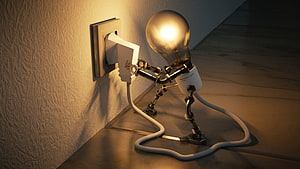 Glowing Light Bulb Robot Plugging Into Wall Socket 3D Render HD wallpaper