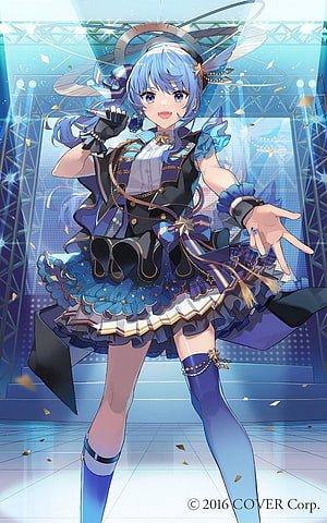 Blue-haired anime idol singing on stage in blue and black outfit HD phone wallpaper
