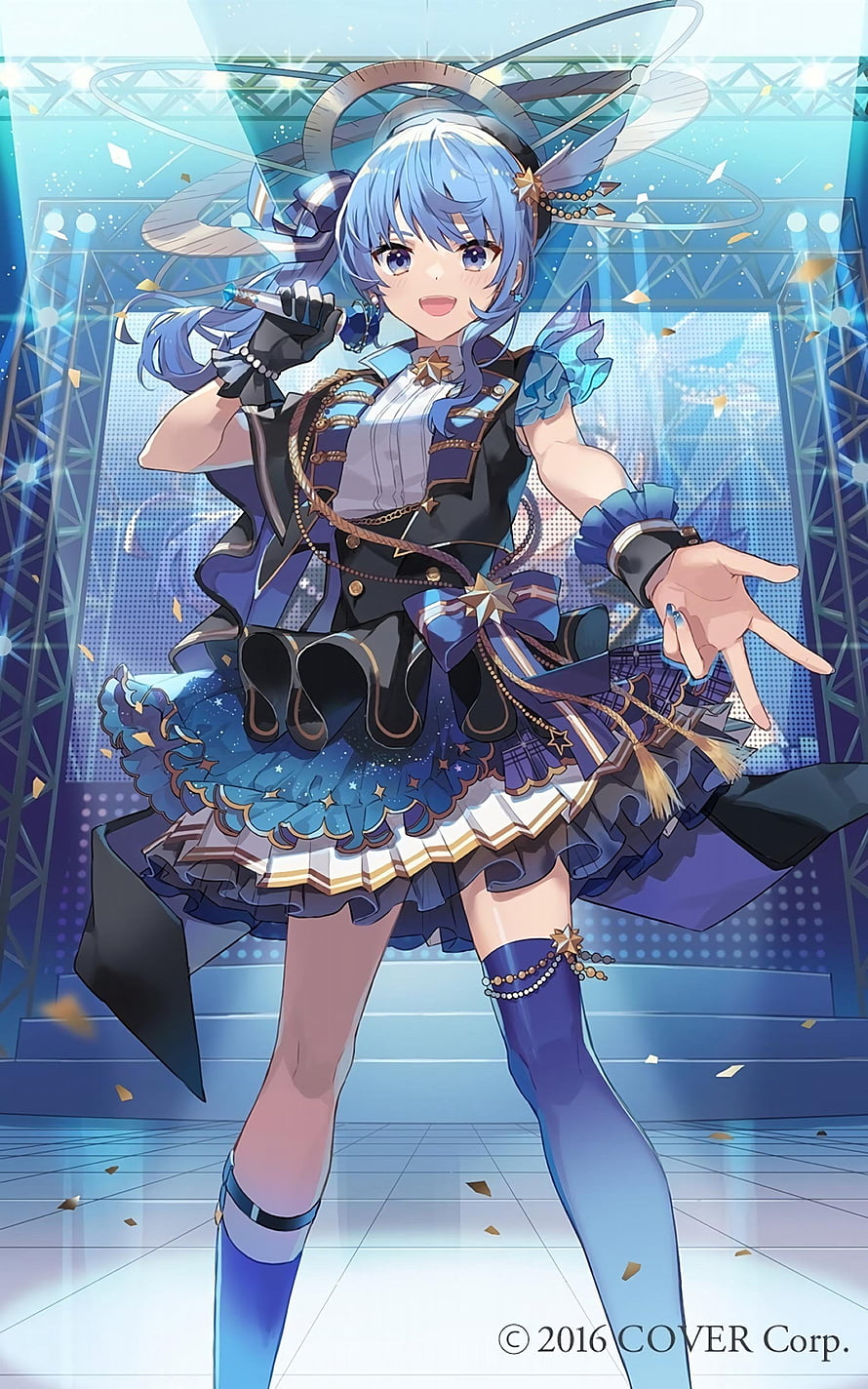 Blue-haired anime idol singing on stage in blue and black outfit HD phone wallpaper