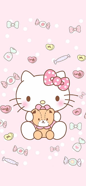 Cute Hello Kitty Holding Teddy Bear With Candy And Bows On Pink Polka Dot Background HD phone wallpaper